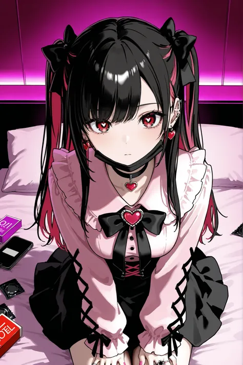 1girl,Watch Viewers, ((Faint Light:1.2)), , on bed, (hotel room, love hotel, pink wall, Pink Bed Sheets), (Condom Box, Okamoto condom 0.01), smartphone, BREAK 1girl, solo, (dark haired, pink hair, other rooms), long hair, On both sides, dark haired bow, re...