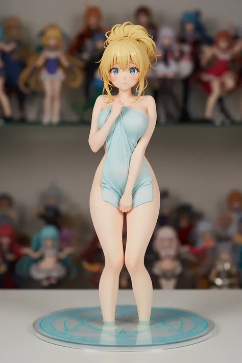 Please convert this illustration into a photorealistic PVC anime figure.
Accurately maintain the original character's design, pose, and color scheme.
Render it as a PVC plastic collector's figure, expressing realistic painted surfaces and delicate shading.
Add glossy highlights to elements like hair and clothing, while giving skin areas a matte texture.
Include subtle seam lines characteristic of manufactured figures.
Position the figure on a circular display stand. Design the stand to incorporate motifs from the original illustration's background, casting soft shadows beneath it.
The background is blurred, depicting a shelf displaying figures and numerous figures.