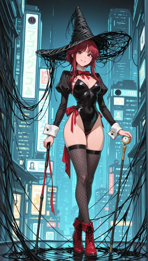 full body , cute beautiful girl, Beautiful Pretty Curvy Teenage Face , high leg red leather bunny suit, (((short bolero with black Juliet sleeves))),big white cuffs,red bow tie,(((viewers watch a girl in a black silk hat with a red ribbon))),hanging on a ...
