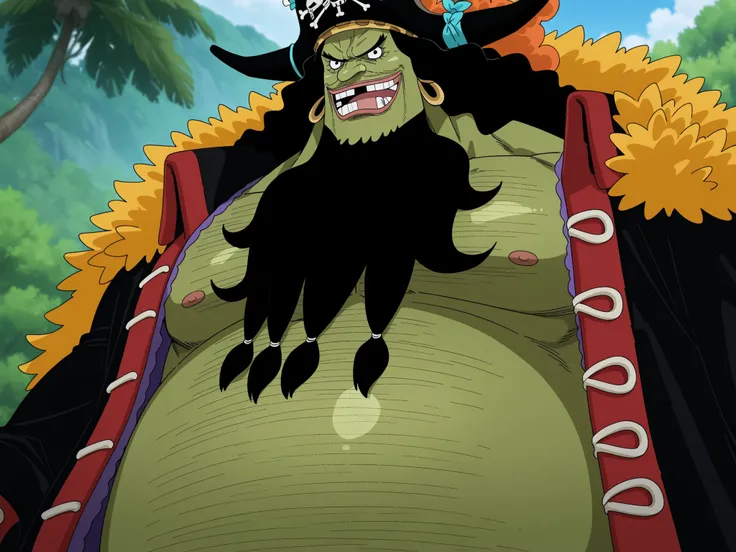 neon shading, anime screencap, NDAN_SB ,marshall d teach, male missing tooth, black eyes,  black beard, long hair male, long nose, hairy man, fat man, huge man, eyelashes, dark-skinned male, facial hair, ugly man,,solo, ((Marshall D. Teach)), ((Marshall D....