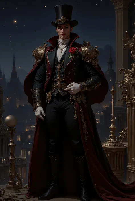 elegant thief wearing a shiny black silk hat and velvet evening jacket, standing confidently on the edge of the museum in the moonlight, long black coat dancing with the night breeze, white gloves that glow in the dark, decorative cane with a silver patter...