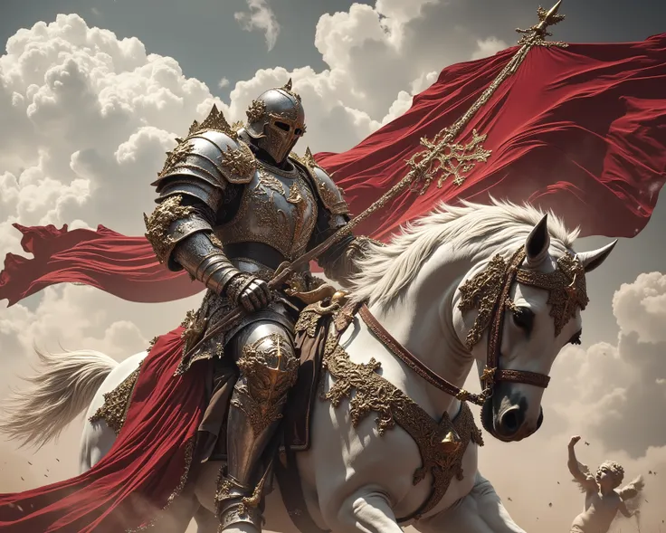 Dynamic action scene of a charging knight in platinum plate armor, his face mysterious behind a half-mask helmet design that covers his eyes in shadow. His white stallion's muscles ripple with motion, armor gleaming with detailed Renaissance patterns and r...