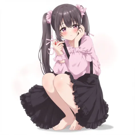 (Watercolor:0.4),(pastel color holding a banana:0.4),1girl, dark hair with light pink highlights, long,two side up,squat,blush,tilts one's neck,Pink Frilled Blouses, Black Suspender Skirt, ribbon, Black Lace Details, pink and black color scheme, cute japan...