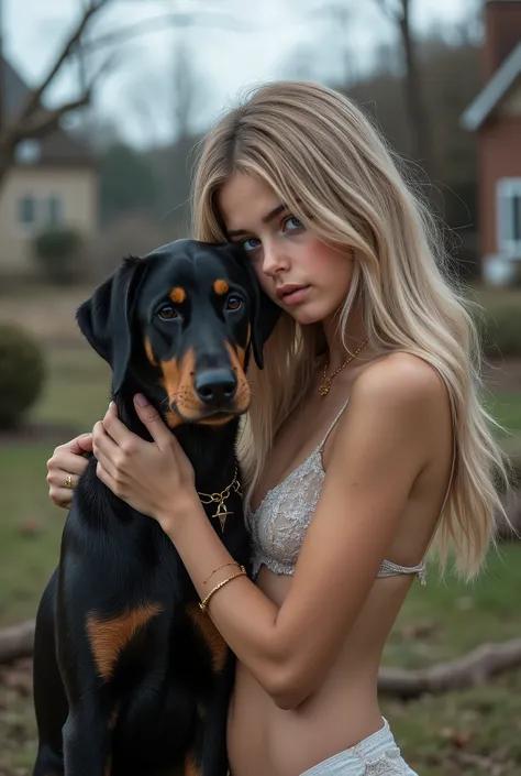 a very beautiful young teenage girl is covering her mouth with one hand while holding and cuddling a beautiful doberman dog, expression of panic and sadness at the wreckage of her collapsed house hit by a very large fallen tree, wearing a sexy short top, s...