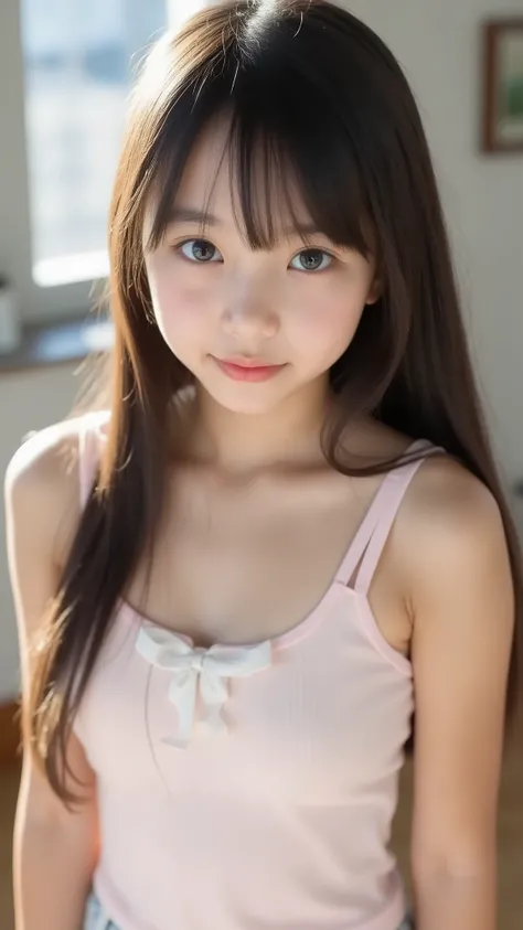 big eyes、世界一cute中学生、Use your arms 、facing the front、smile,( She's a Middle School Student 、There are:1.8),(8k, original photo, Highest Quality, masterpiece: 1.45), Aカップのchest、and、symbol body、(realistic, photorealistic: 1.8), 8k,( シースルーのtank to...