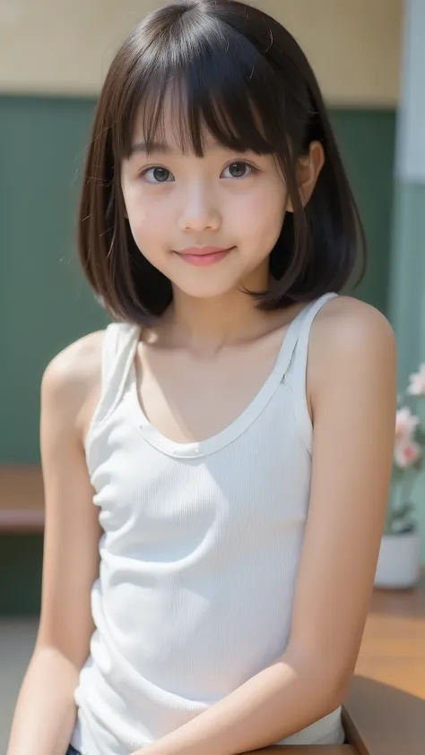 big eyes、世界一cute中学生、Use your arms 、facing the front、smile,(        She's a Middle School Student       、There are:1.8),(8k, original photo, Highest Quality, masterpiece: 1.45), Aカップのchest、and、symbol body、(realistic, photorealistic: 1.8), 8k,( シースルーのtank to...