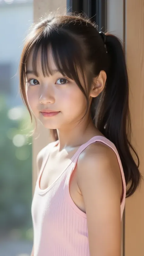 big eyes、世界一cute中学生、Use your arms 、facing the front、smile,( She's a Middle School Student 、There are:1.8),(8k, original photo, Highest Quality, masterpiece: 1.45), Aカップのchest、and、symbol body、(realistic, photorealistic: 1.8), 8k,( シースルーのtank to...