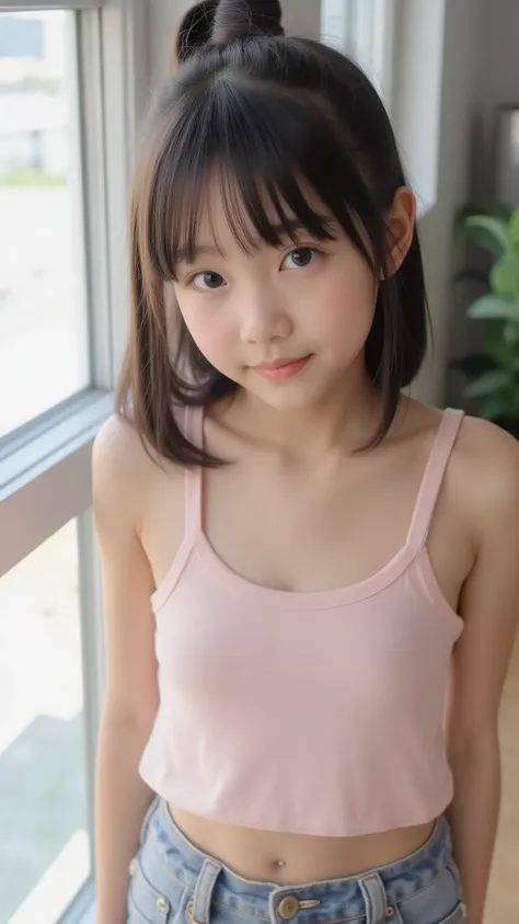 big eyes、世界一cute中学生、Use your arms 、facing the front、smile,( She's a Middle School Student 、There are:1.8),(8k, original photo, Highest Quality, masterpiece: 1.45), Aカップのchest、and、symbol body、(realistic, photorealistic: 1.8), 8k,( シースルーのtank to...