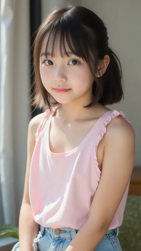 big eyes、世界一cute中学生、Use your arms 、facing the front、smile,( She's a Middle School Student 、There are:1.8),(8k, original photo, Highest Quality, masterpiece: 1.45), Aカップのchest、and、symbol body、(realistic, photorealistic: 1.8), 8k,( シースルーのtank to...