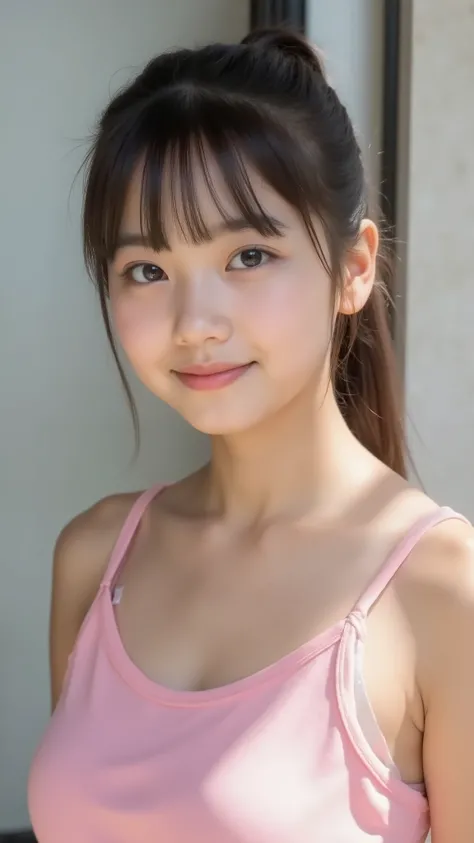 big eyes、世界一cute中学生、Use your arms 、facing the front、smile,(        She's a Middle School Student       、There are:1.8),(8k, original photo, Highest Quality, masterpiece: 1.45), Aカップのchest、and、symbol body、(realistic, photorealistic: 1.8), 8k,( シースルーのtank to...