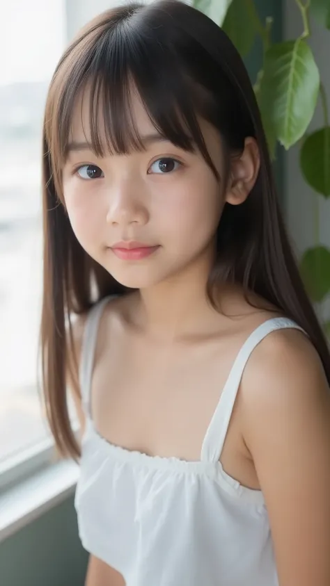 big eyes、世界一cute中学生、Use your arms 、facing the front、smile,(        She's a Middle School Student       、There are:1.8),(8k, original photo, Highest Quality, masterpiece: 1.45), Aカップのchest、and、symbol body、(realistic, photorealistic: 1.8), 8k,( シースルーのtank to...