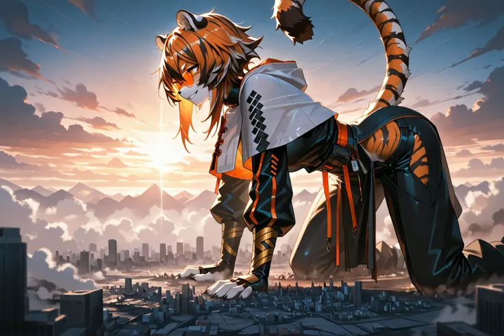 waaifu_arknights, (masterpiece, Highest quality, Ultra-high resolution), Glossiness, shiny, sweat, steamy, furry female, tiger ears, orange hair, tiger girl, short hair, multicolored fur, tiger tail, orange-tinted eyewear, pelvic curtain, pants, white cap...