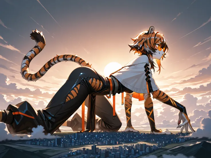 waaifu_arknights, (masterpiece, Highest quality, Ultra-high resolution), Glossiness, shiny, sweat, steamy, furry female, tiger ears, orange hair, tiger girl, short hair, multicolored fur, tiger tail, orange-tinted eyewear, pelvic curtain, pants, white cap...