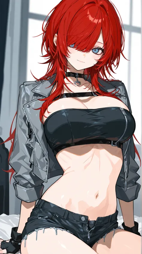 detailed,super fine illustration,748cmstyle,1girl,hair over one eyes,looking at viewer,standing,wolf cut hair,long hair,blurry background,red hair,light blue eyes,black tube top,grey jacket,open jacket,black short shorts,unzipped shorts,black fingerless gl...