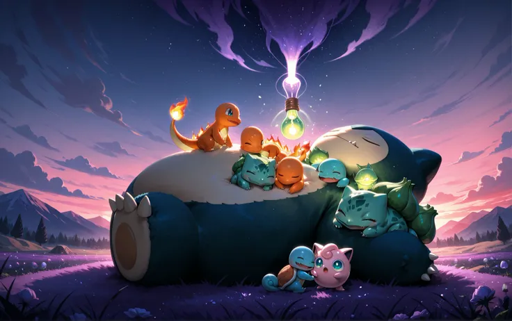 ((detailing)), sleeping pokemon, slumbering pokemon, bulbasaur, charmander, jigglypuff, squirtle, snorlax, sleeping together, peaceful, dreamy, serene, magical twilight, dusk, serene meadow, tranquil forest clearing, night sky, dreamscape, ethereal, calm, ...