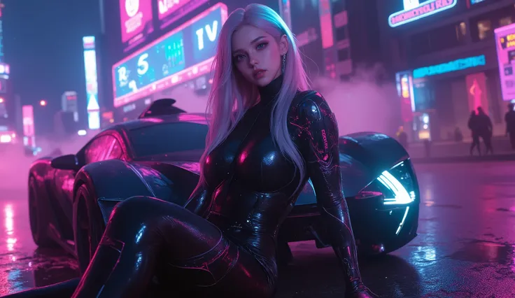 (Meisterwerk), (best quality), ultra-detailliert, fotorealistisch,  8k resolution , Kinematic daylight, 
A gothic girl sits back to the car, dramatische Pose,  
Hyperrealistic cyberpunk portrait of a stunning young woman in sleek black latex bodysuit, lean...
