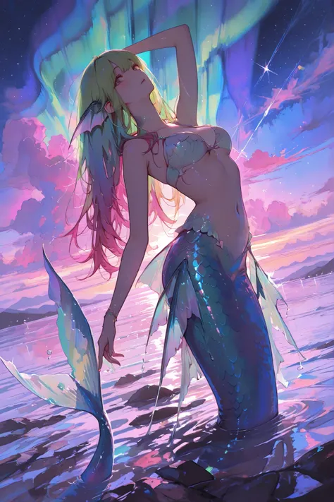 Excellent Quality, Superb work, Perfect Description, Mermaids on the water, Aurora-colored scales, Dancing appearance, Fantastic sunset sky, Colorful clouds, sparkling water drop, a Colorful tail fin, Warm colors, Dramatic Composition, widescreen