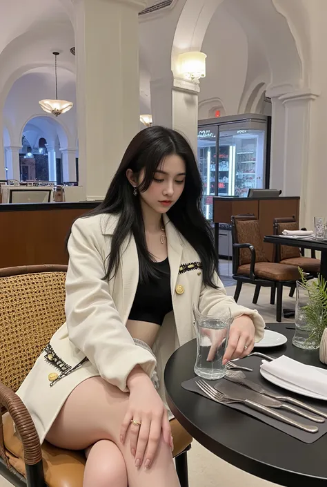 A stylish young woman sitting elegantly in a luxurious modern restaurant with high white arches and tall pillars. She has long straight black hair flowing naturally, looking down with a calm and graceful expression. ((She wears a chic ivory white tweed jac...