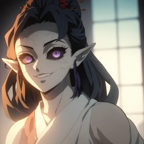 Anime screencap, Season 4 Ufotable studio, demon woman, face close up, night time, long flowing black hair with purple highlights, styled in a high bun with loose strands framing the face, sharp straight bangs, pale skin, long pointed ears, narrow purple e...