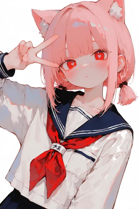 Beautiful catgirl, simple background, cute school uniform, peace hand sign, slim, young, petite, hitomi cut, twin tails, blush, detailed body, (Masterpiece), 4k, 8k, digital art, realistic, (detailed), absurd, newest, (best quality), (highest quality), aes...