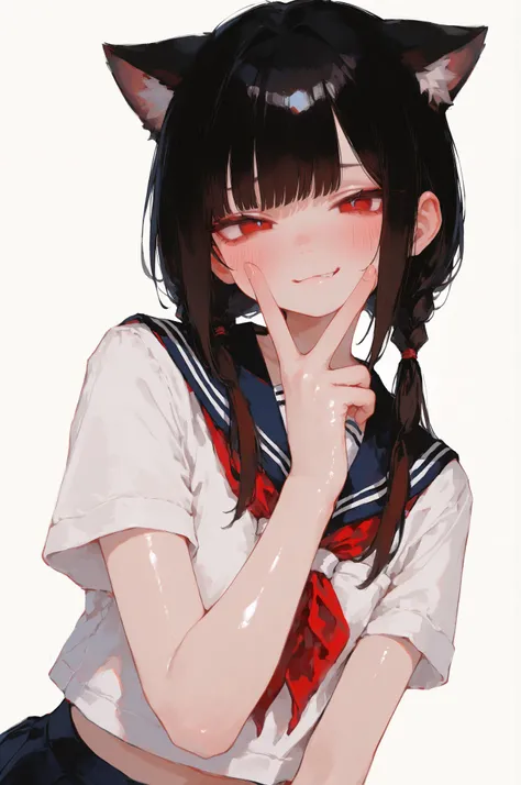Beautiful catgirl, simple background, cute school uniform, peace hand sign, dominant look, small evil smirk, slim, young, petite, hitomi cut, twin tails, blush, detailed body, (Masterpiece), 4k, 8k, digital art, realistic, (detailed), absurd, newest, (best...