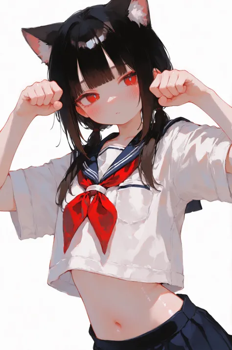 Beautiful catgirl, simple background, cute school uniform, cute catgirl pose, nya mouth, slim, young, petite, hitomi cut, twin tails, blush, detailed body, (Masterpiece), 4k, 8k, digital art, realistic, (detailed), absurd, newest, (best quality), (highest ...
