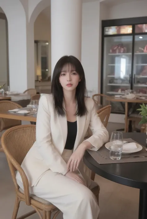 A stylish young woman sitting elegantly in a luxurious modern restaurant with high white arches and tall pillars. She has long straight black hair flowing naturally, looking down with a calm and graceful expression. ((She wears a stylish cream blazer outer...