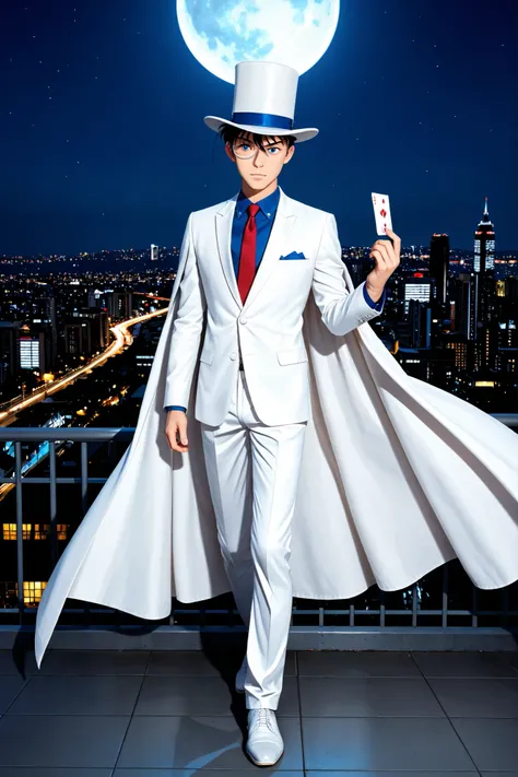 (masterpiece, absurdres, realistic, detailed:1.2), best quality, Ultra High Resolution, 1boy, meitantei_conan, kaitou_kid, 17 years old japanese boy, very handsome, perfect face, cute face, intricate detail, clear and beautiful detailed eyes, detailed skin...