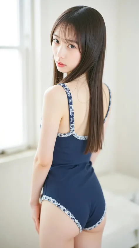 1girl,  dark blue one-piece swimsuit with white edges, Original photo, Highest Quality, Very detailed, Super Detailed, high resolution, slender body, braids, natural breast, while standing、Turn your back on the camera、face looking back at camera