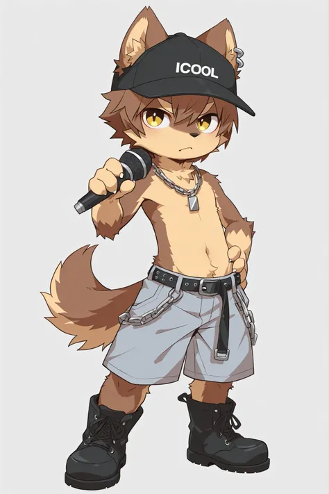 Highest Quality, high image quality, high resolution, masterpiece, ultra detailed, 1boy, super deformed, chibi style, brown dog boy, kemono, solo, Topless, Rub your crotch against the Shota body , Serious Face, is cool, Grey shorts, silver necklace, single...