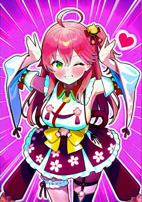 ,1girl, solo, Sakura Miko, (hololive, vtuber) , pink hair, ahoge, green eyes, hair bell, hair ornament, x hair ornament, hair bell,long hair, one side up, floral print, detached sleeves, cherry blossom print, sideboob, nontraditional miko, frills, single t...