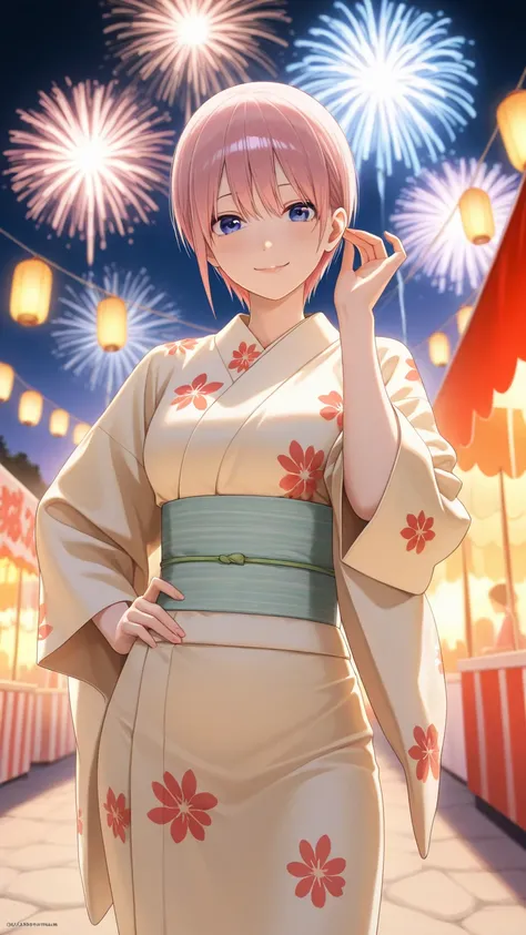 masterpiece, the best quality, great quality, ((nakano ichika:1.3)), Female anime character, correct anatomical proportions, Realistic full body, soft skin, detailed lighting, standing, smiling, cowboy shot, , Fashion Poses (Modeling clothes), one hand on her hips and the other gently touching her hair while smiling, (Japanese summer festival background, with paper lanterns, fireworks and cheerful atmosphere.) , wearing a kimono designed especially for her, with patterns and colors that naturally match her personality and appearance. The kimono should be unique and elegant, reflecting the essence of the character.