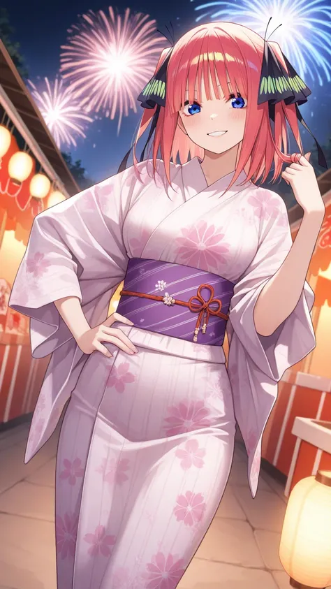 masterpiece,the best quality,great quality,  Nakano Nino, standing, smiling, full body, cowboy shot,  Fashion Poses (Modeling clothes), one hand on her hips and the other gently touching her hair while smiling,  (Japanese summer festival background, with paper lanterns, fireworks and cheerful atmosphere.) , wearing a kimono designed especially for her, with patterns and colors that naturally match her personality and appearance. The kimono should be unique and elegant, reflecting the essence of the character.