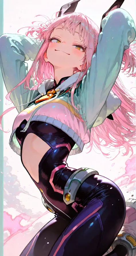Pastel colors hero suit, cropped hoodie, short jacket, My Hero Academia style, Kohei Horikoshi, A dainamic pose, two side up, long hair, jumping, pink effects, smile