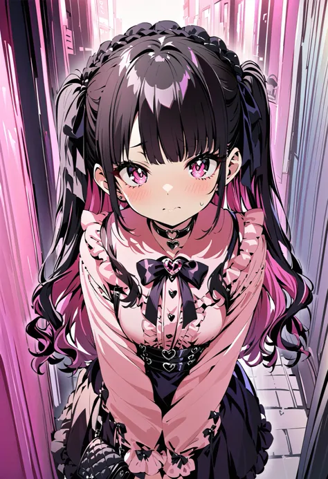 high-resolution image,masterpiece,Highest Quality,girls,cute face,clean skin,shiny hair,super detailed eyes, jirai kei, dark haired, bow, twin tails, bag,pink shirt,black skirt,stupid hair