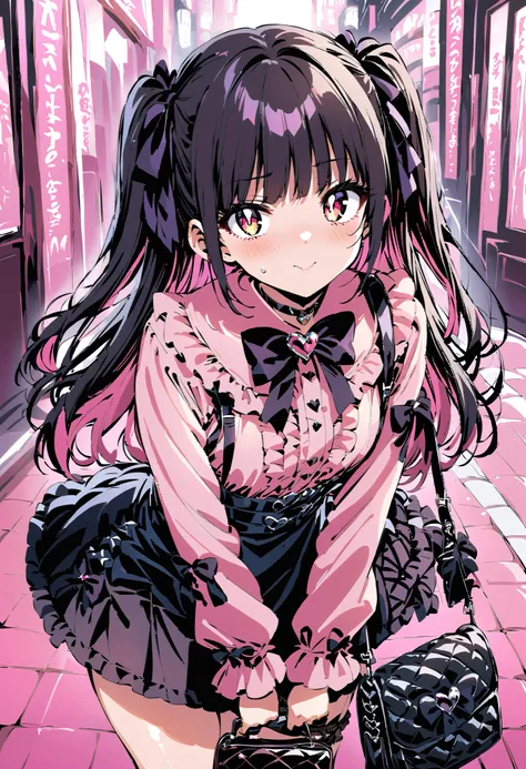 high-resolution image,masterpiece,Highest Quality,girls,cute face,clean skin,shiny hair,super detailed eyes, jirai kei, dark haired, bow, twin tails, bag,pink shirt,black skirt,stupid hair