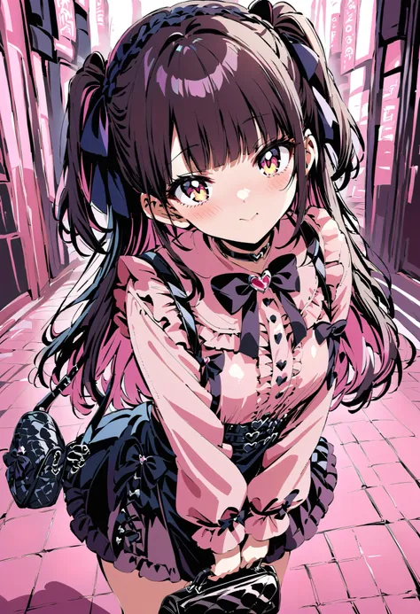 high-resolution image,masterpiece,Highest Quality,girls,cute face,clean skin,shiny hair,super detailed eyes, jirai kei, dark haired, bow, twin tails, bag,pink shirt,black skirt,stupid hair