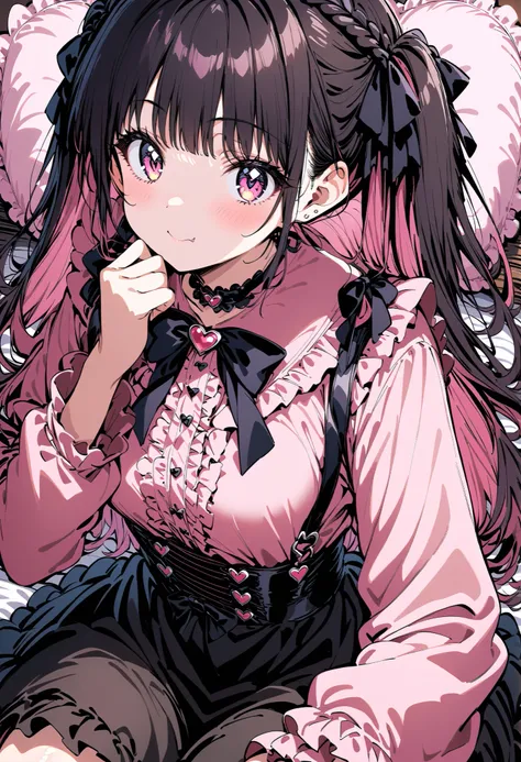 high-resolution image,masterpiece,Highest Quality,girls,cute face,clean skin,shiny hair,super detailed eyes, jirai kei, dark haired, bow, twin tails, bag,pink shirt,black skirt,stupid hair