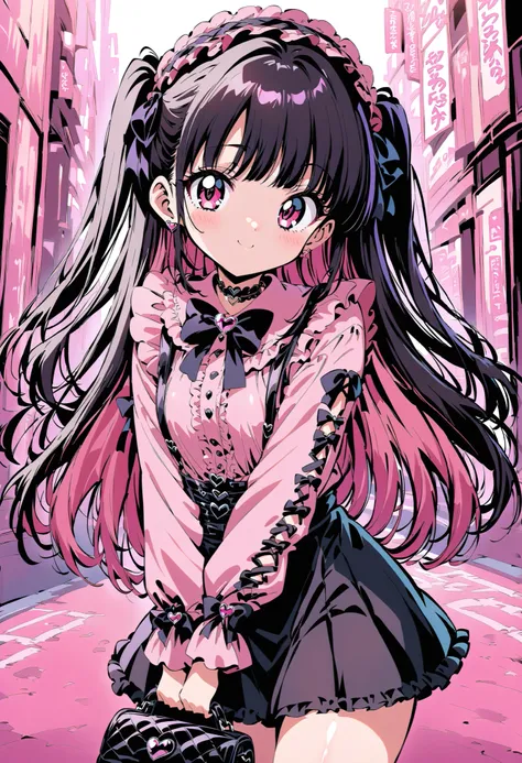 high-resolution image,masterpiece,Highest Quality,1990s anime style,girls,cute face,clean skin,shiny hair,super detailed eyes, jirai kei, dark haired, bow, twin tails, bag,pink shirt,black skirt,stupid hair