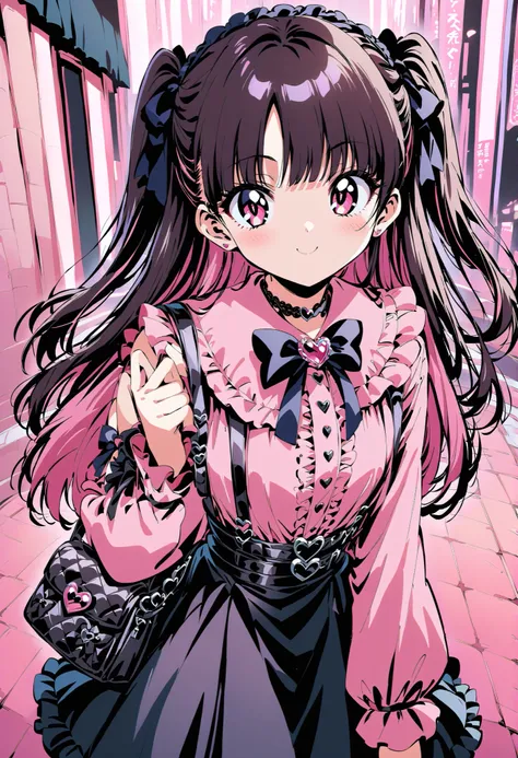 high-resolution image,masterpiece,Highest Quality,1990s anime style,girls,cute face,clean skin,shiny hair,super detailed eyes, jirai kei, dark haired, bow, twin tails, bag,pink shirt,black skirt,stupid hair