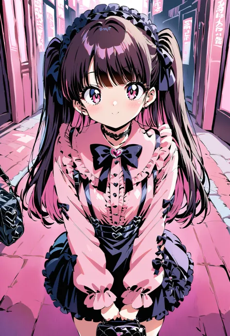 high-resolution image,masterpiece,Highest Quality,1990s anime style,girls,cute face,clean skin,shiny hair,super detailed eyes, jirai kei, dark haired, bow, twin tails, bag,pink shirt,black skirt,stupid hair