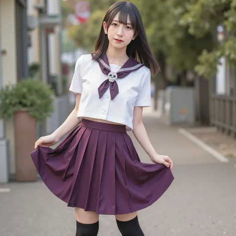 arafed asian woman in a dark purple skirt and a white shirt posing for a picture, japanese school uniform, japanese girl school uniform, wearing japanese school uniform, cute schoolgirl, jk uniform, beautiful anime high school girl, Wear loafers, Open bell...