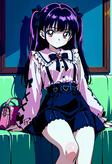 high-resolution image,masterpiece,Highest Quality,1990s anime style,girls,cute face,clean skin,shiny hair,super detailed eyes, jirai kei, dark haired, bow, twin tails, bag,pink shirt,black skirt,stupid hair