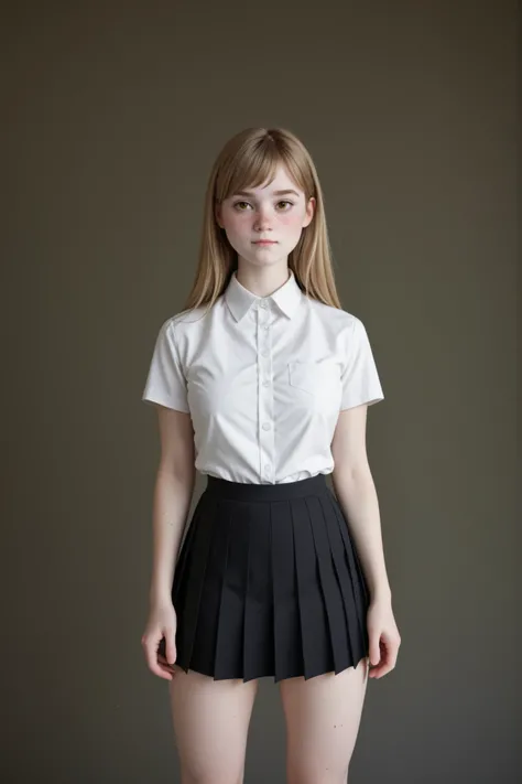 A young girl standing in front of a white background, studio photoshoot, in perfect lighting, frontal portrait, 3/4 shot, centered framing, neutral background, minimalism.
Long hair, dirty blonde hair, (straight hair:1.5), perfect hair, shinny hair, fine ...