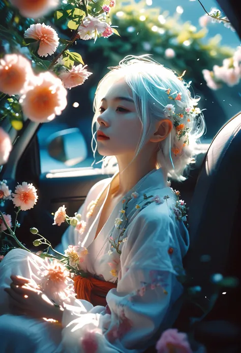 breathtaking Ethereal fantasy concept art of cinematic film still,Chinese Girl,A girl with white hair sitting in car filled withflowers,Artwork by Rinko Kawauchi,In a naturalistic pose,Holiday Dad Core,young and energetic,very cool expression,Body extensio...