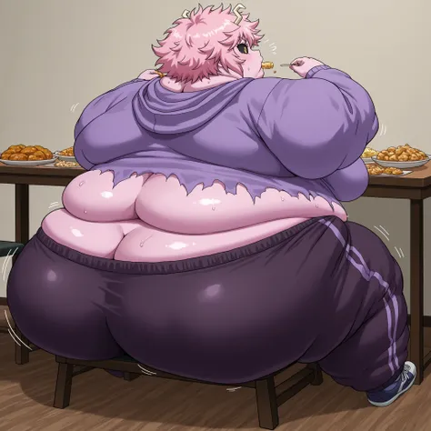 <lora:mina-ashido-anime-ponyxl-lora-nochekaiser:1>, mina ashido, short hair, medium breasts, yellow eyes, pink hair, horns, colored skin, colored sclera, black sclera, pink skin, , , 1 woman solo, hoodie, sweatpants, shoes, messy hair, face acne, r, fat, c...