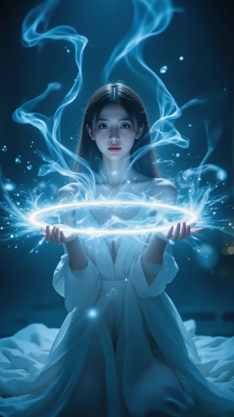 A Girl with Mysterious Powers, Shining Eyes, Floating Magic Circle, Fantastic Particles of Light, Long Hair Dances in the Air, Mysterious Aura, Space wrapped in blue light, Quiet Atmosphere, Super Power Scene, 8k ultra high definition