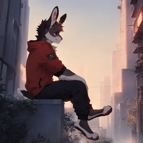Anthropomorphic Eastern cottontail rabbit (furry), sitting on the edge of a city rooftop at night. He is wearing a dark red hoodie and dark grey sweatpants. Camera angled slightly from behind and to the side, showing his profile as he looks out across the ...