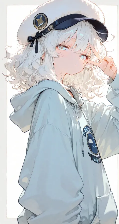 White hair, messy hair, medium hair, big volume hair, wavy hair, light blue eyes, oversized hoodie, round cap, v over eye