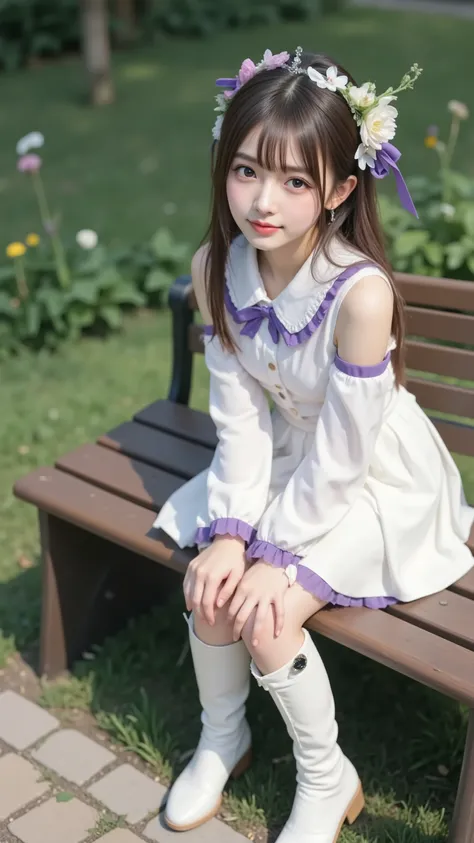 masterpiece, 1girl, Emilia, baggy bangs, long hair, crown blade,
white dress, detachable collar, wide sleeve, x hair accessories, hair flower, hair ribbon, white thigh boots, Disconnect, purple frill, pleats_white_skirt with detachable collar
Sitting on a...